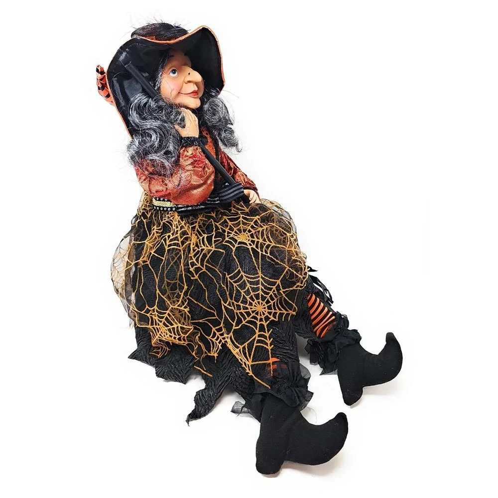 24" Halloween Witch with Spiderweb Skirt and Black Broom, Party Decor Wreath - Picture 3 of 7